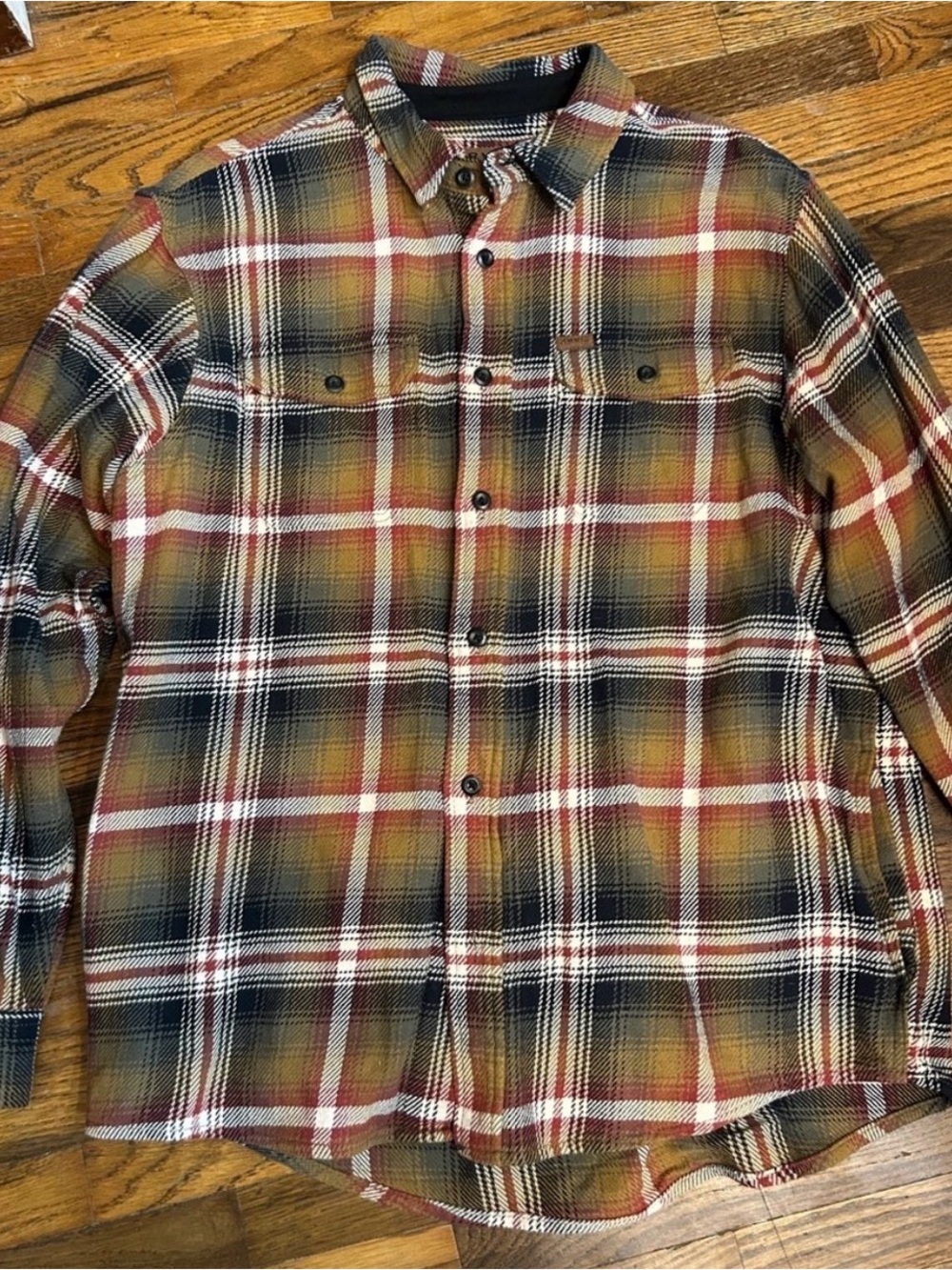 Orvis Plaid Button-Down Shirt in Mustard, Navy & White with Red Accents